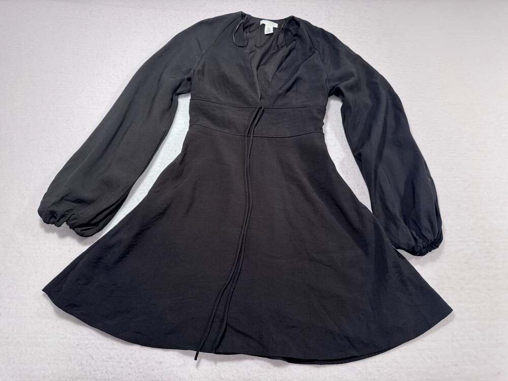 H&M Black Long Sleeve V-Neck Tie Front Mini Dress XS
